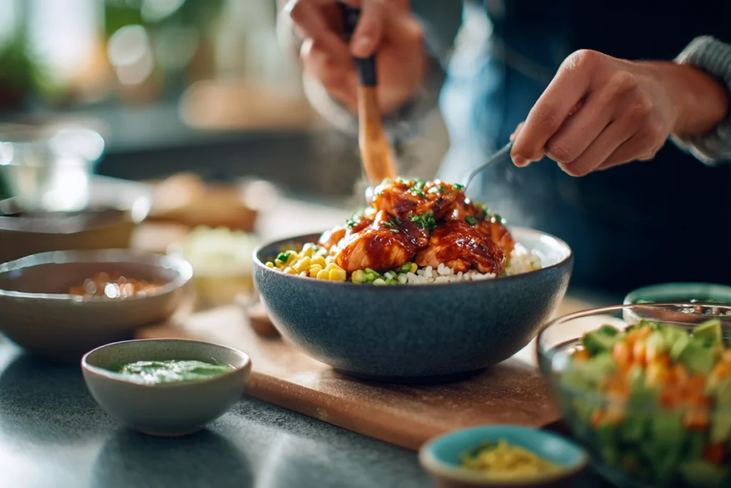 Spicy Chipotle Honey Salmon Bowls Recipe Assembling the Bowl