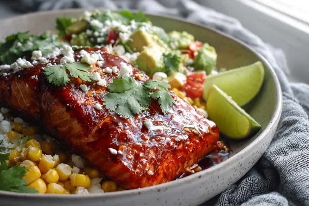 Spicy Chipotle Honey Salmon Bowls Recipe Final Plated Bowl with Garnishes