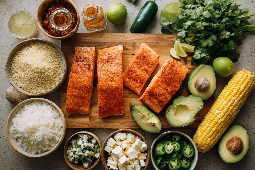 Spicy Chipotle Honey Salmon Bowls Recipe Ingredients Spread