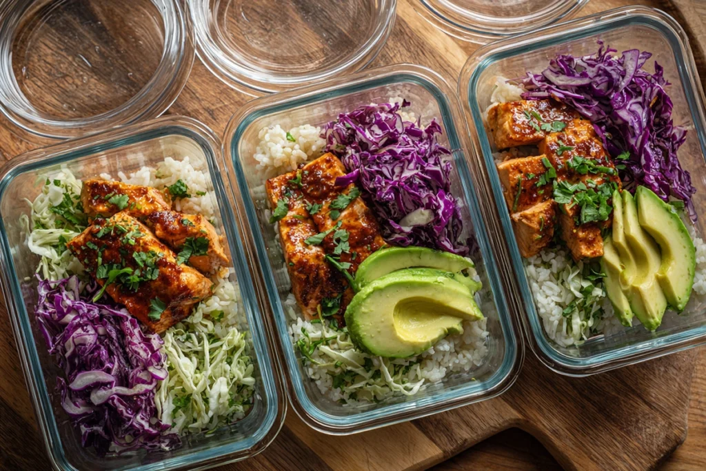 Spicy Chipotle Honey Salmon Bowls Recipe Meal Prep Containers
