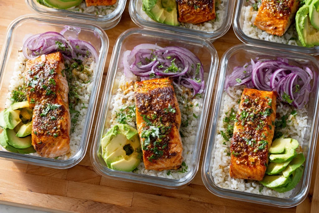 Spicy Chipotle Honey Salmon Bowls Recipe Meal Prep Layout