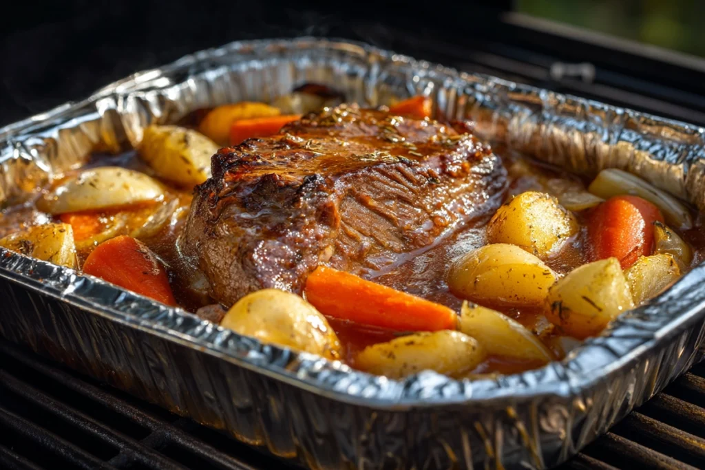 Traeger Pot Roast Braising Phase – Foil Pan Setup
