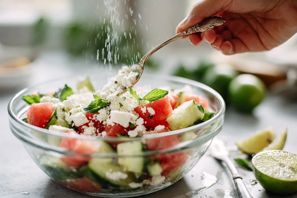 Watermelon Cucumber Feta Sala Preparation Process Image