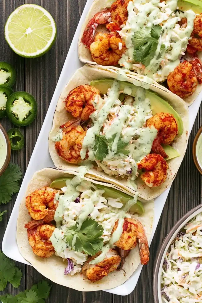 Shrimp Taco Recipe with Creamy Cilantro Lime Slaw 8 Assembled shrimp taco recipe with cilantro lime slaw and creamy dressing