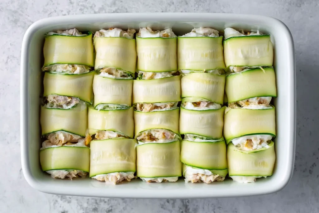 Zucchini Chicken Alfredo Roll Ups for an Easy Low-Carb Dinner 3 Assembled Zucchini Chicken Alfredo Roll Ups arranged in a ceramic baking dish