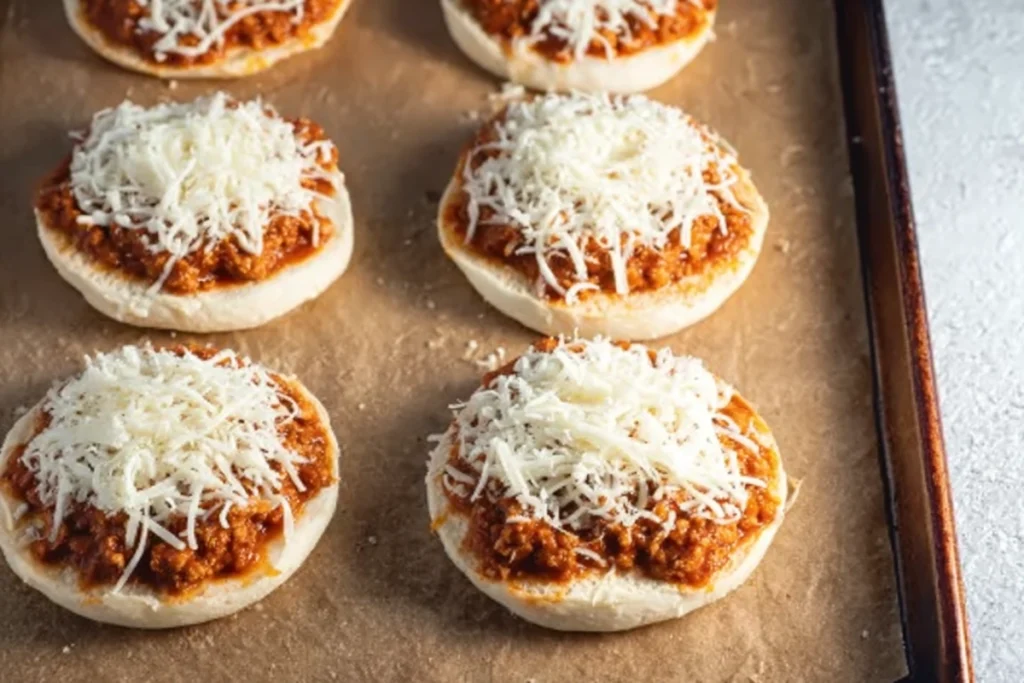 Homemade pizza burgers assembled on buns before baking