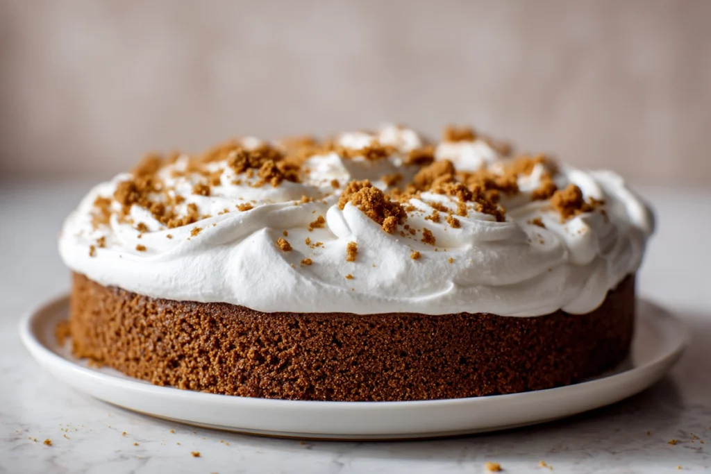 assembling s’mores cake with marshmallow frosting and graham cracker crumble