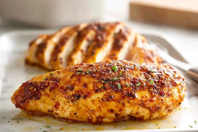 Juicy baked chicken with golden crust on a white plate