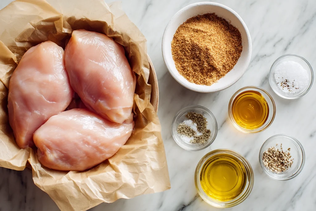 Ingredients for baked chicken including chicken breasts and brown sugar seasoning