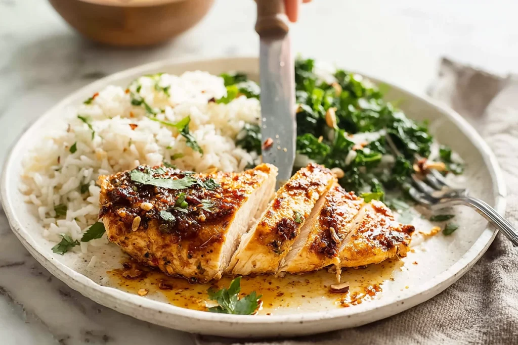 Sliced baked chicken served with rice and greens