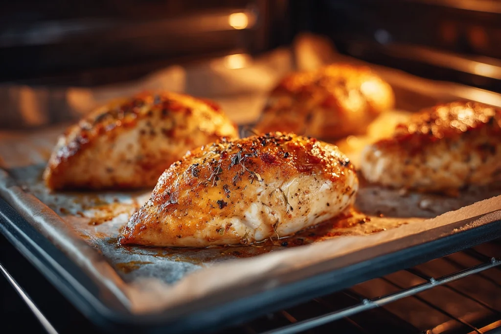 Baked chicken browning in the oven on a lined tray