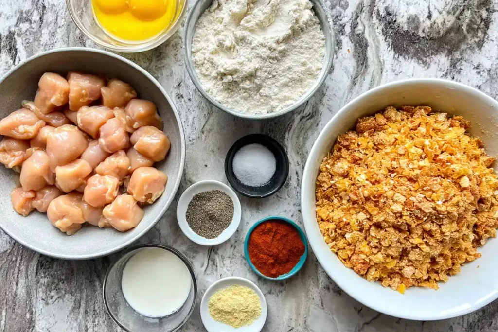 ingredients for baked honey BBQ popcorn chicken including chicken cornflakes flour eggs and spices