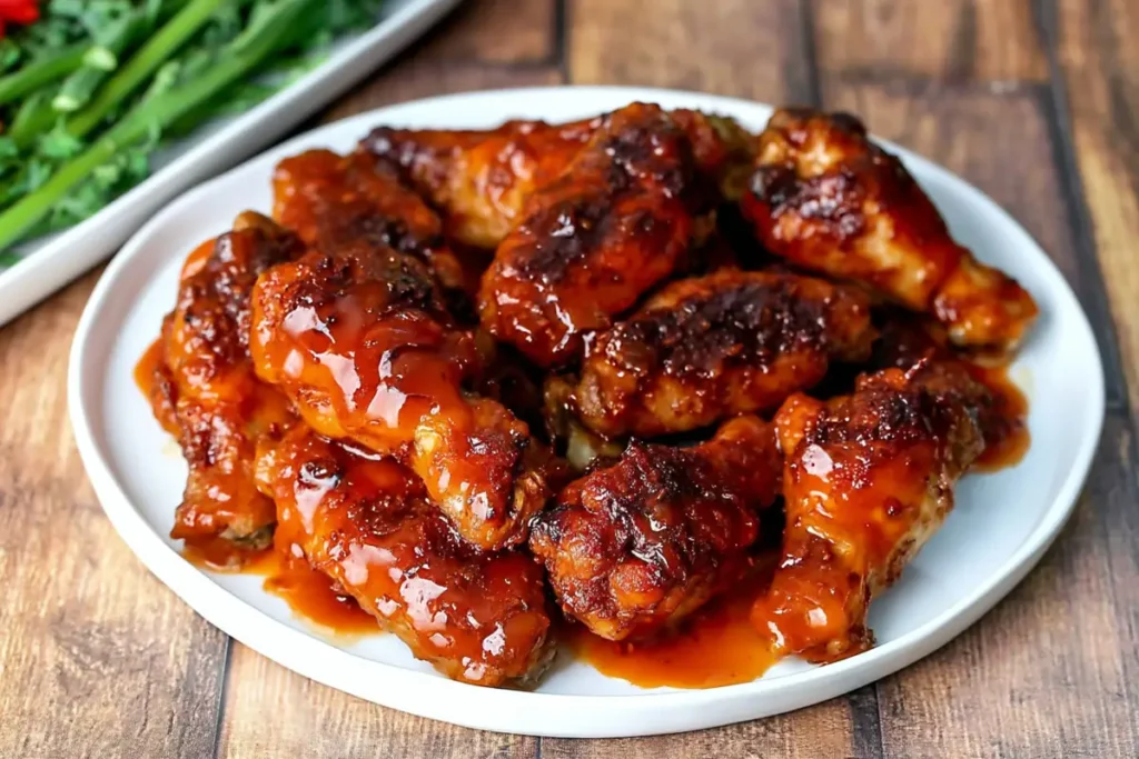 served baked honey BBQ popcorn chicken with sauce on rustic board