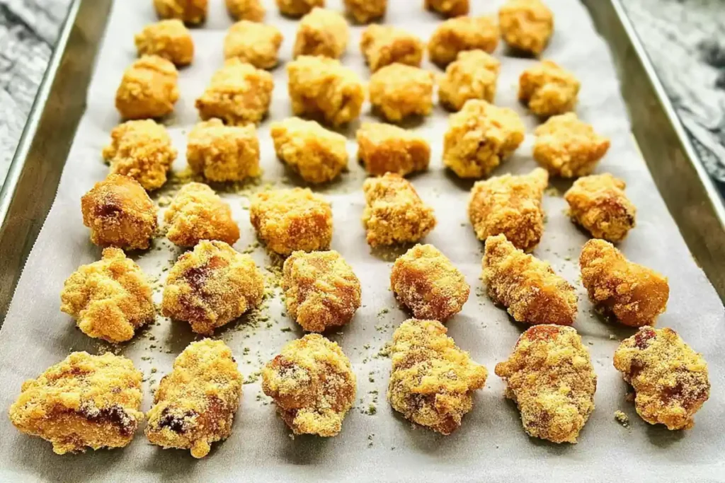 breaded popcorn chicken pieces on baking sheet ready for oven baking