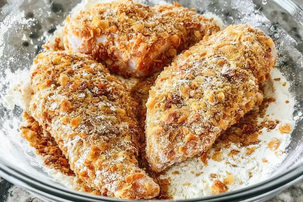 chicken pieces coated in flour and cornflake crumbs for popcorn chicken