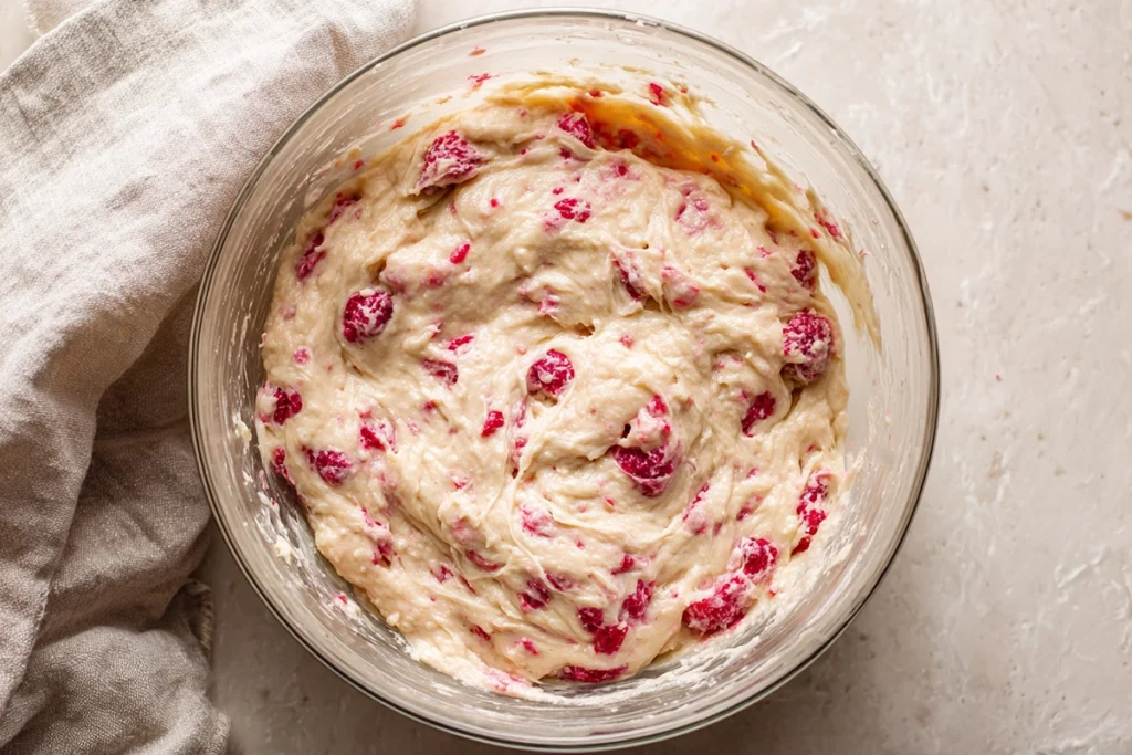 thick batter for baked raspberry donuts with raspberries folded in