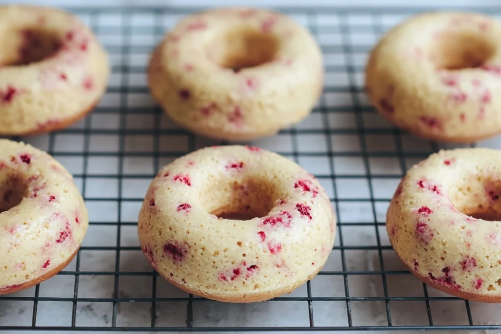 baked raspberry donuts cooling in a donut pan