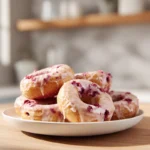 baked raspberry donuts on a white plate in a cozy home kitchen