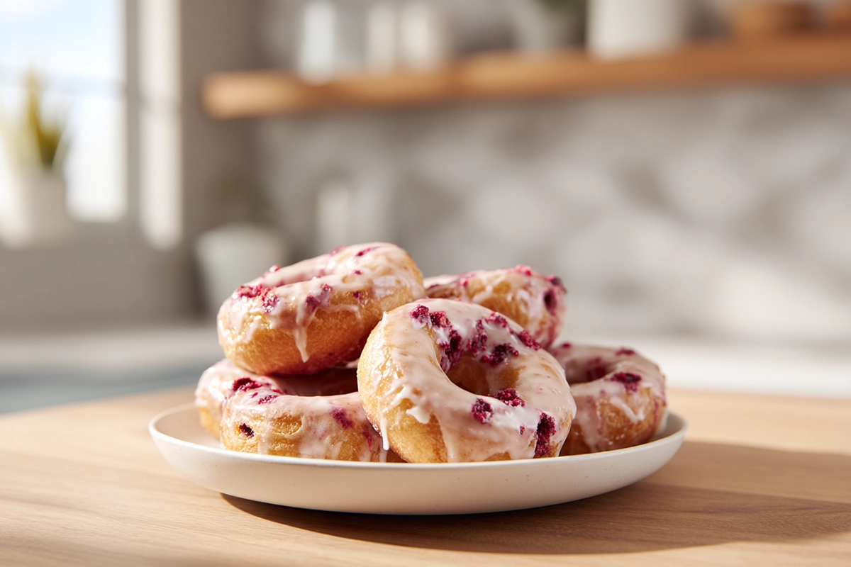 baked raspberry donuts on a white plate in a cozy home kitchen