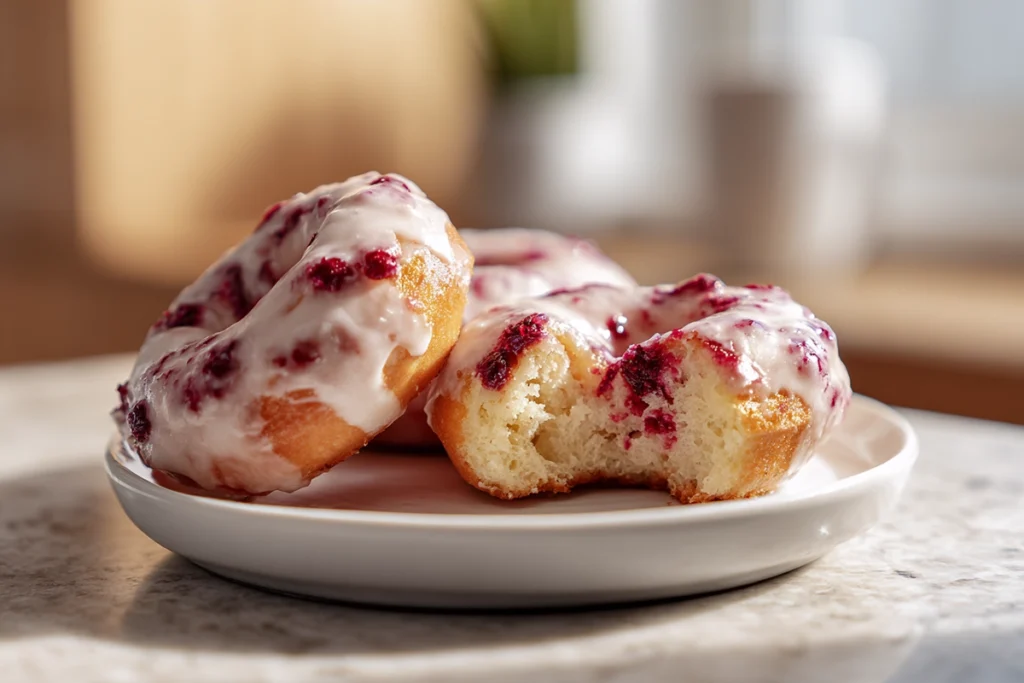 baked raspberry donuts showing soft crumb inside