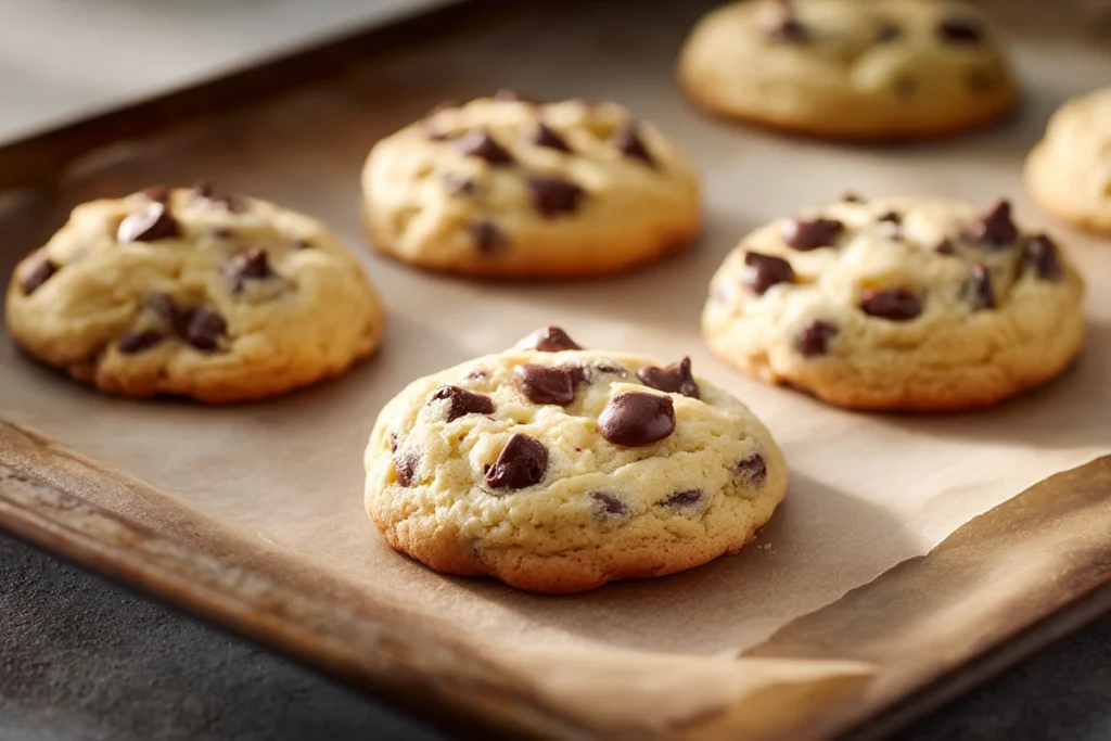 Cheesecake stuffed cookies baking with golden edges and soft centers