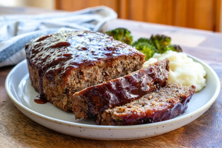 balsamic glazed meatloaf sliced and plated in a cozy home kitchen