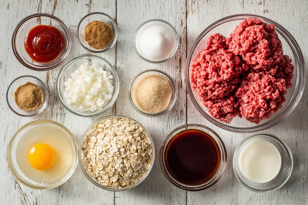 ingredients for balsamic glazed meatloaf arranged on a kitchen counter