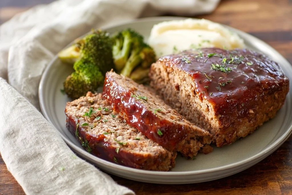 freshly served slice of balsamic glazed meatloaf ready to eat