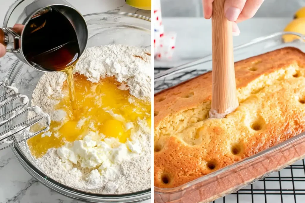 Banana pudding poke cake batter and baked cake with holes for pudding