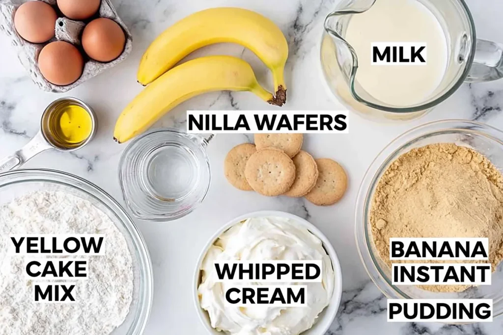 Banana pudding poke cake ingredients with cake mix pudding bananas and wafers