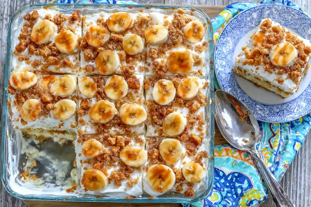 Banana pudding poke cake served from a 13x9 pan for gatherings