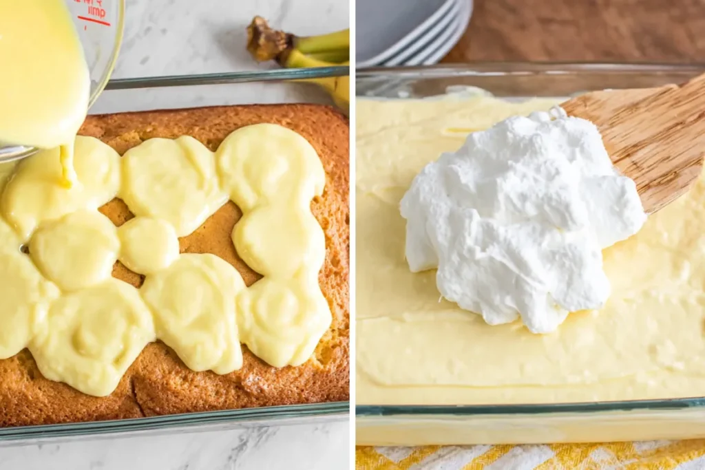 Banana pudding poke cake with pudding filling and whipped topping layer