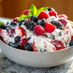 berry cheesecake salad served fresh in a modern kitchen bowl