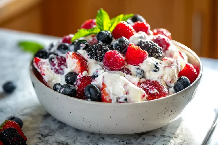 berry cheesecake salad served fresh in a modern kitchen bowl