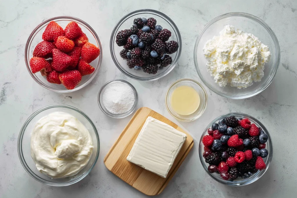 ingredients for berry cheesecake salad arranged overhead