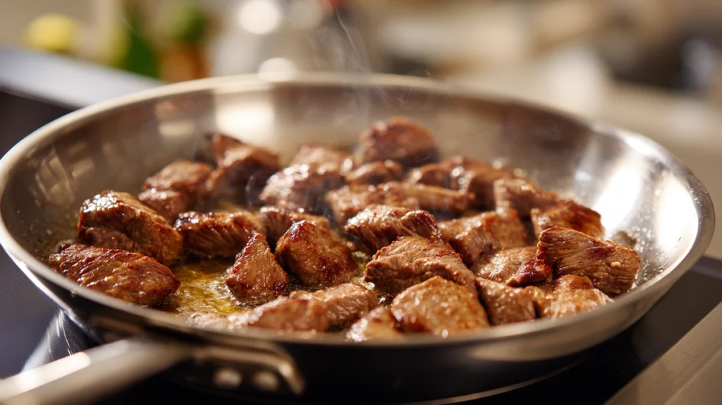 Beef strips browning in a skillet for old fashioned beef stroganoff