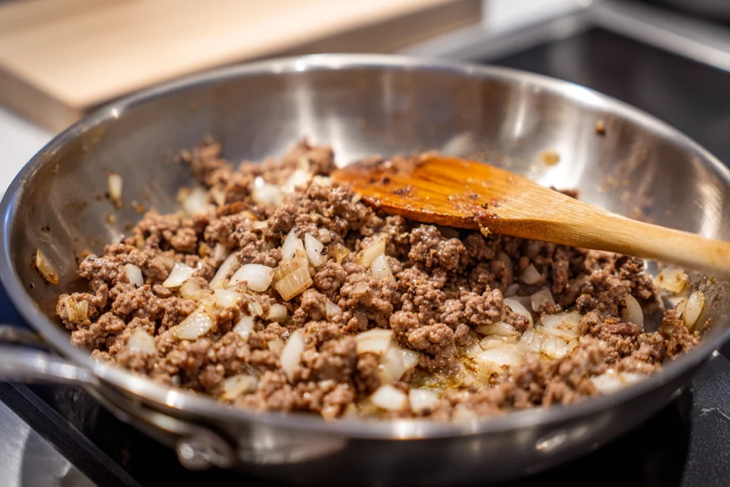 Ground beef browning for southwest ground beef sweet potato skillet