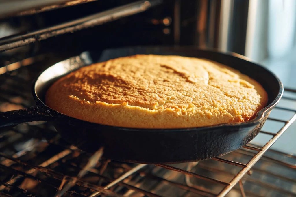 Buttermilk Cornbread That Feels Like Home Every Time 8 Cornbread baking in a hot cast iron skillet until golden and set.