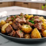 Buttery steak bites with garlic herb potatoes cooked in a cast iron skillet