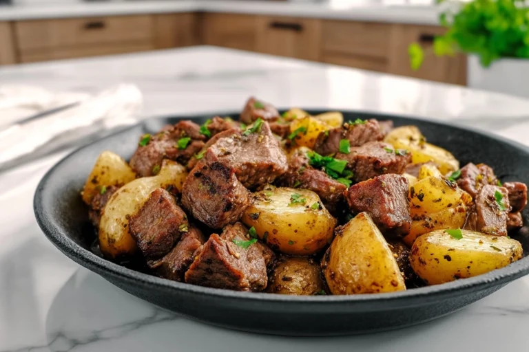Buttery steak bites with garlic herb potatoes cooked in a cast iron skillet