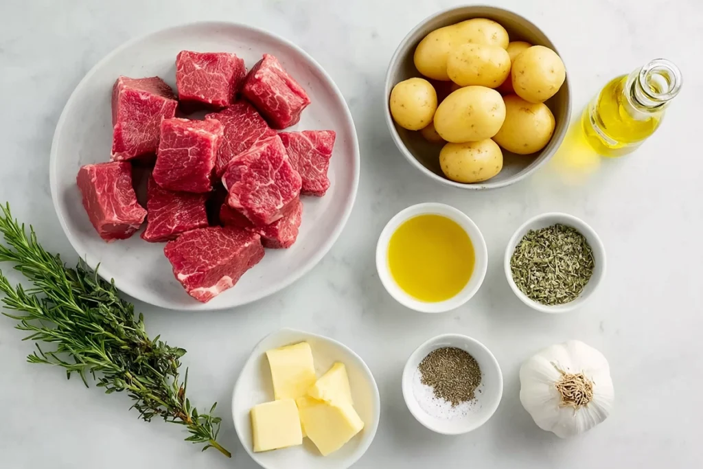 Ingredients for buttery steak bites garlic herb potatoes on a marble counter