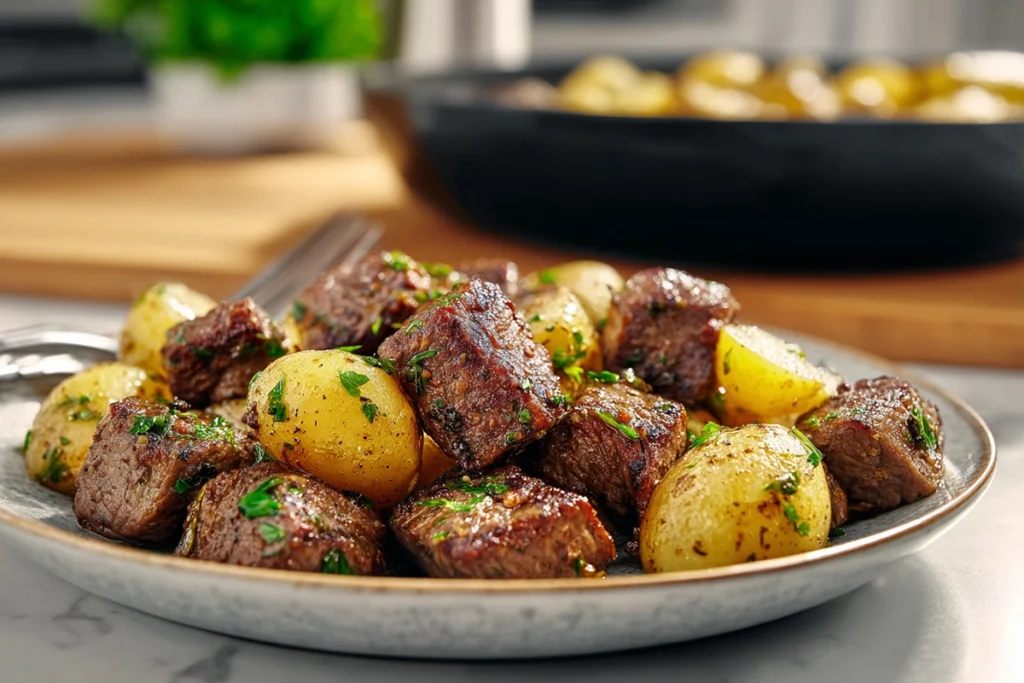 Serving of buttery steak bites garlic herb potatoes on a white plate