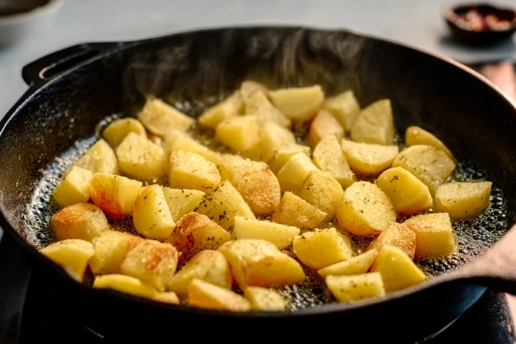 Potatoes browning in butter for buttery steak bites garlic herb potatoes