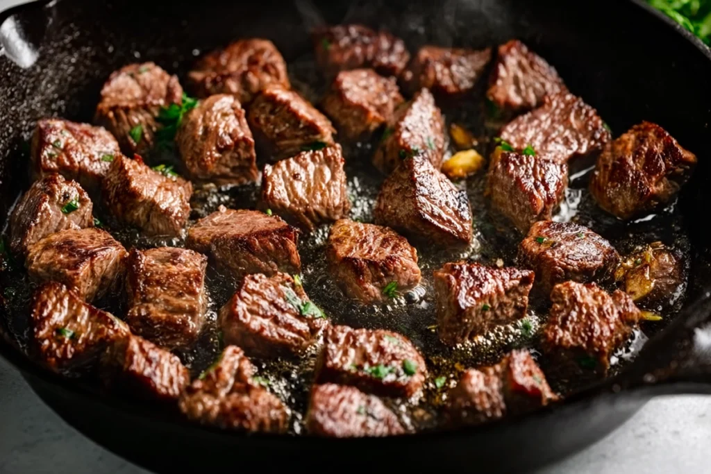 Steak bites searing in butter for garlic herb potatoes skillet