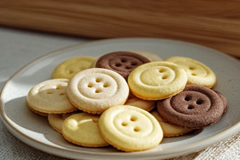 homemade button cookies with a buttery texture on a ceramic plate