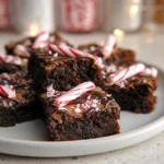Candy cane brownies served on a white plate in a cozy home kitchen