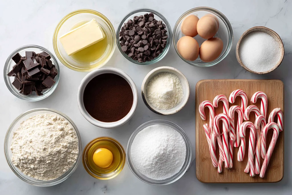 Candy cane brownies ingredients arranged neatly for baking