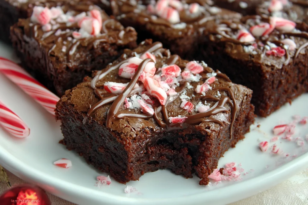 Candy cane brownies with a bite taken out showing fudgy texture