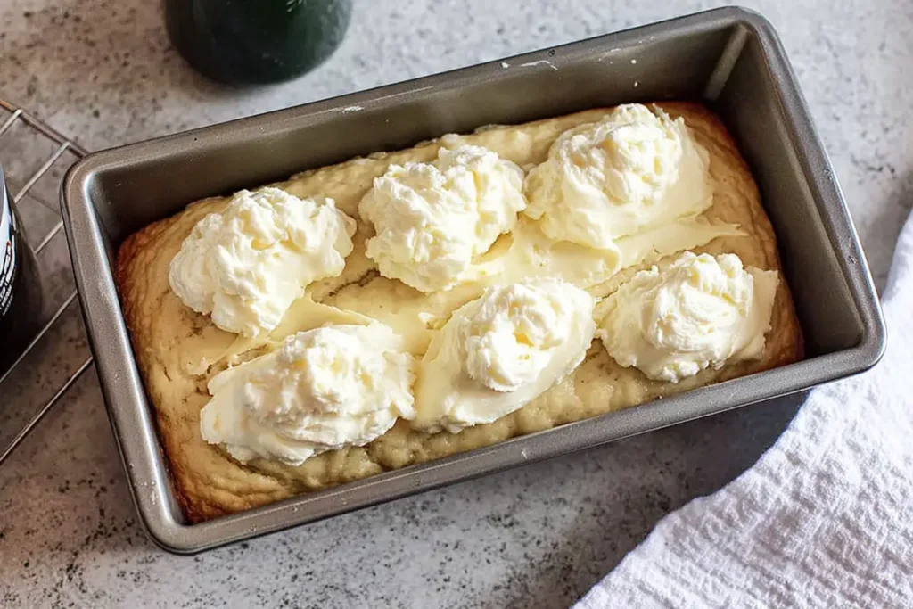 Cheese banana bread batter with cream cheese dollops in a loaf pan