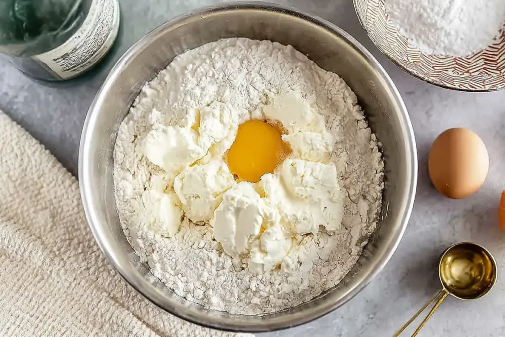 Cream cheese filling ingredients for cheese banana bread in a mixing bowl